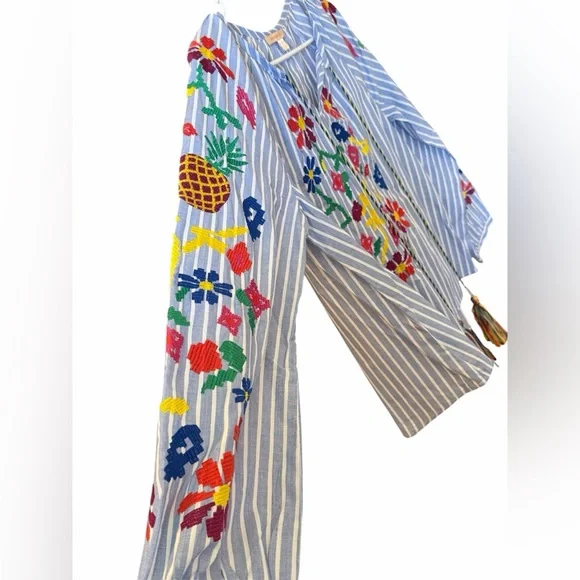 Skies are Blue Striped Blue Floral Embroidered V-Neck Peasant Blouse- Small - Picture 4 of 6